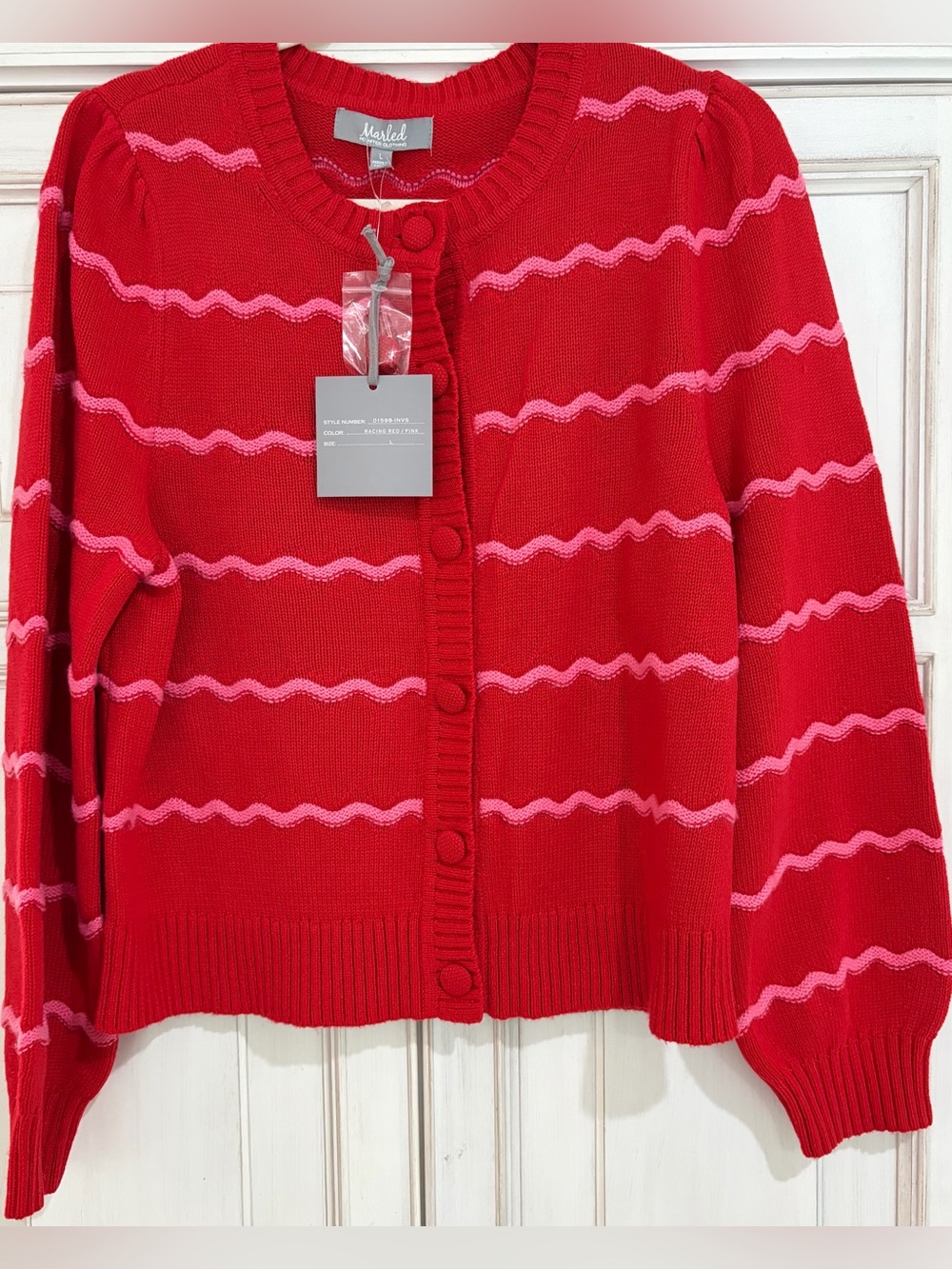 NWT SZ L Marled Red Cardigan with Pink Wave Stripes - Picture 1 of 7